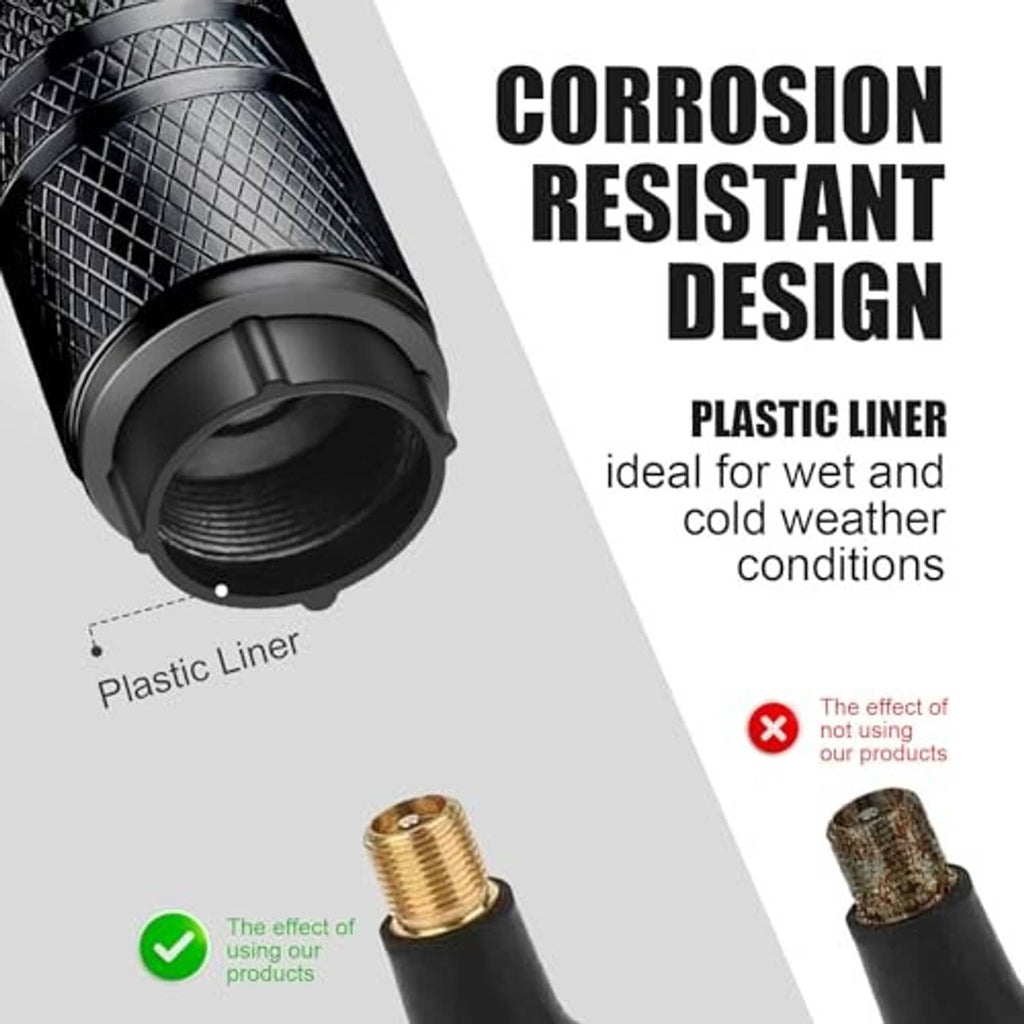 Black tire valve stem cap with threaded opening and plastic liner, textured checkered body