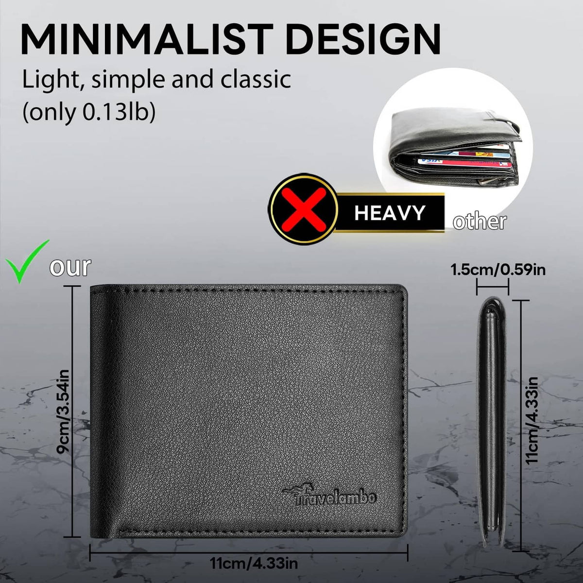 Slim men's black bifold leather wallet with textured finish and stitched border