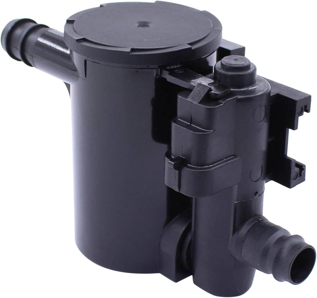 Black vapor canister vent solenoid valve with top cap and side electrical connector