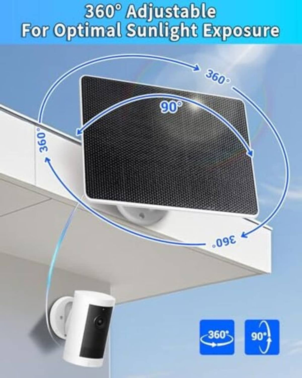 Adjustable dark solar panel on wall mount, angled for 360° sunlight exposure