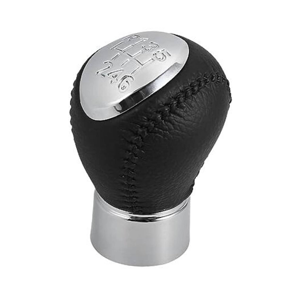 Black leather 6-speed manual gear shift knob with silver top plate and engraved gear pattern