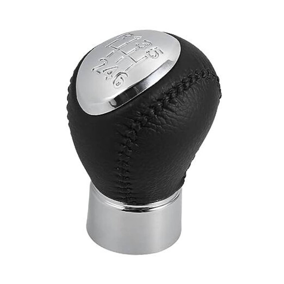 Black leather 6-speed manual gear shift knob with silver top plate and engraved gear pattern