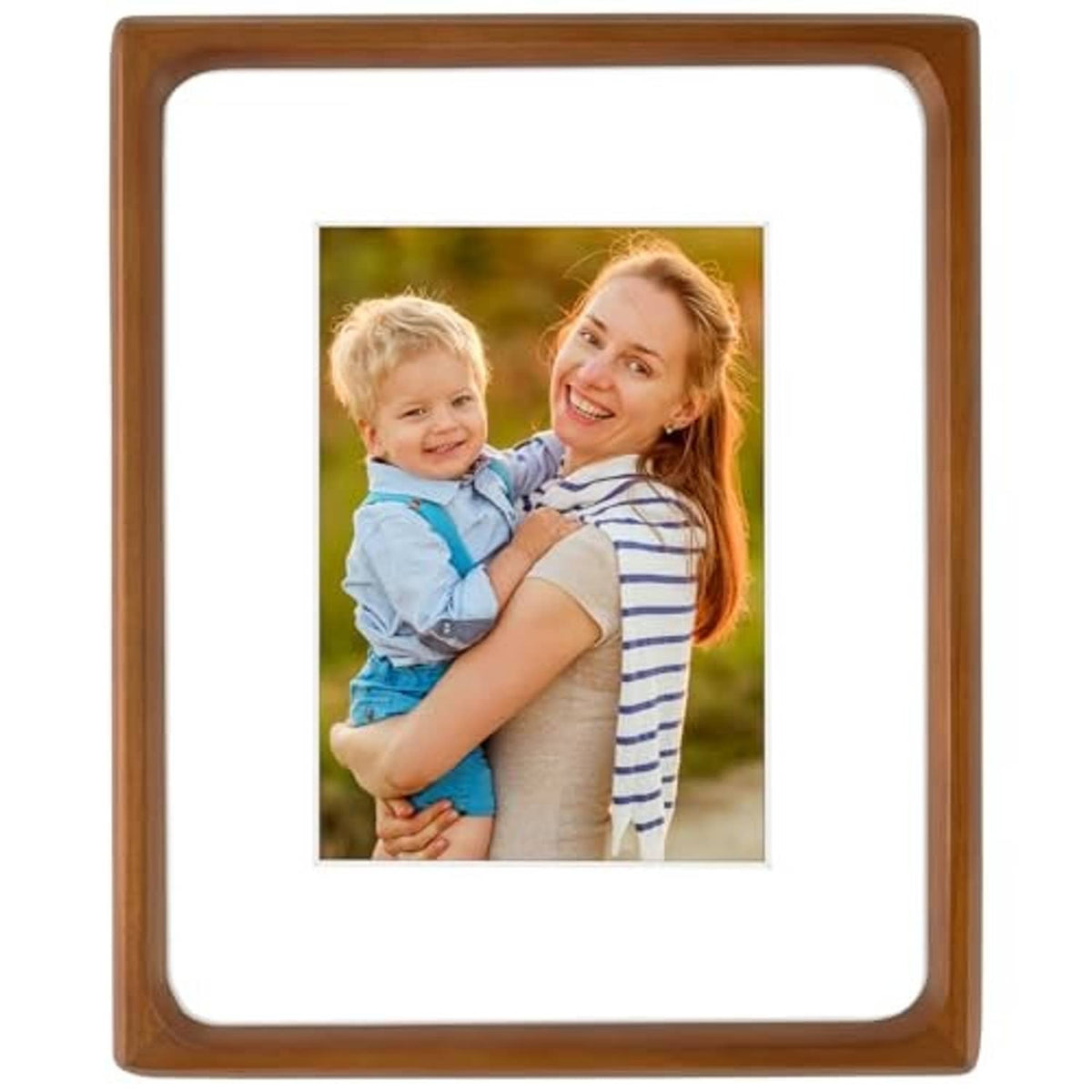 Brown solid wood picture frame with glass and rounded corners, displaying a portrait