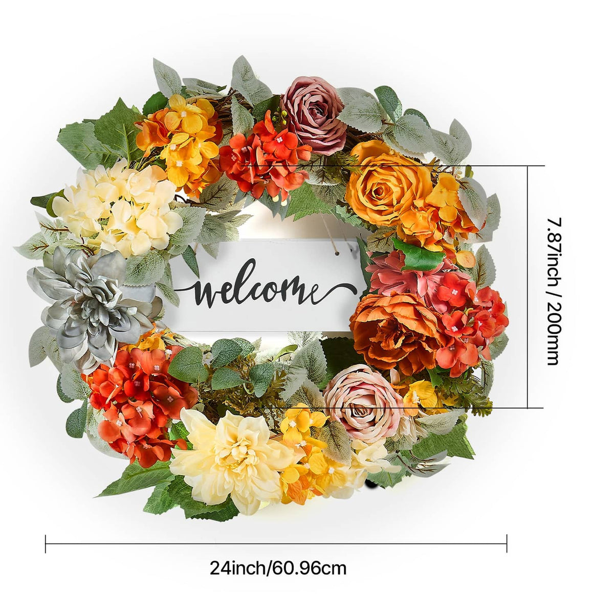 24-inch floral wreath with Welcome sign, warm orange and red roses, and yellow flower accents