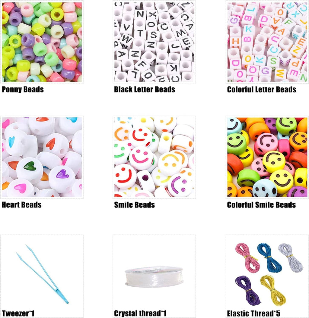 Assorted pony bead types: pony beads, letter beads, heart beads, smile beads, and accessories