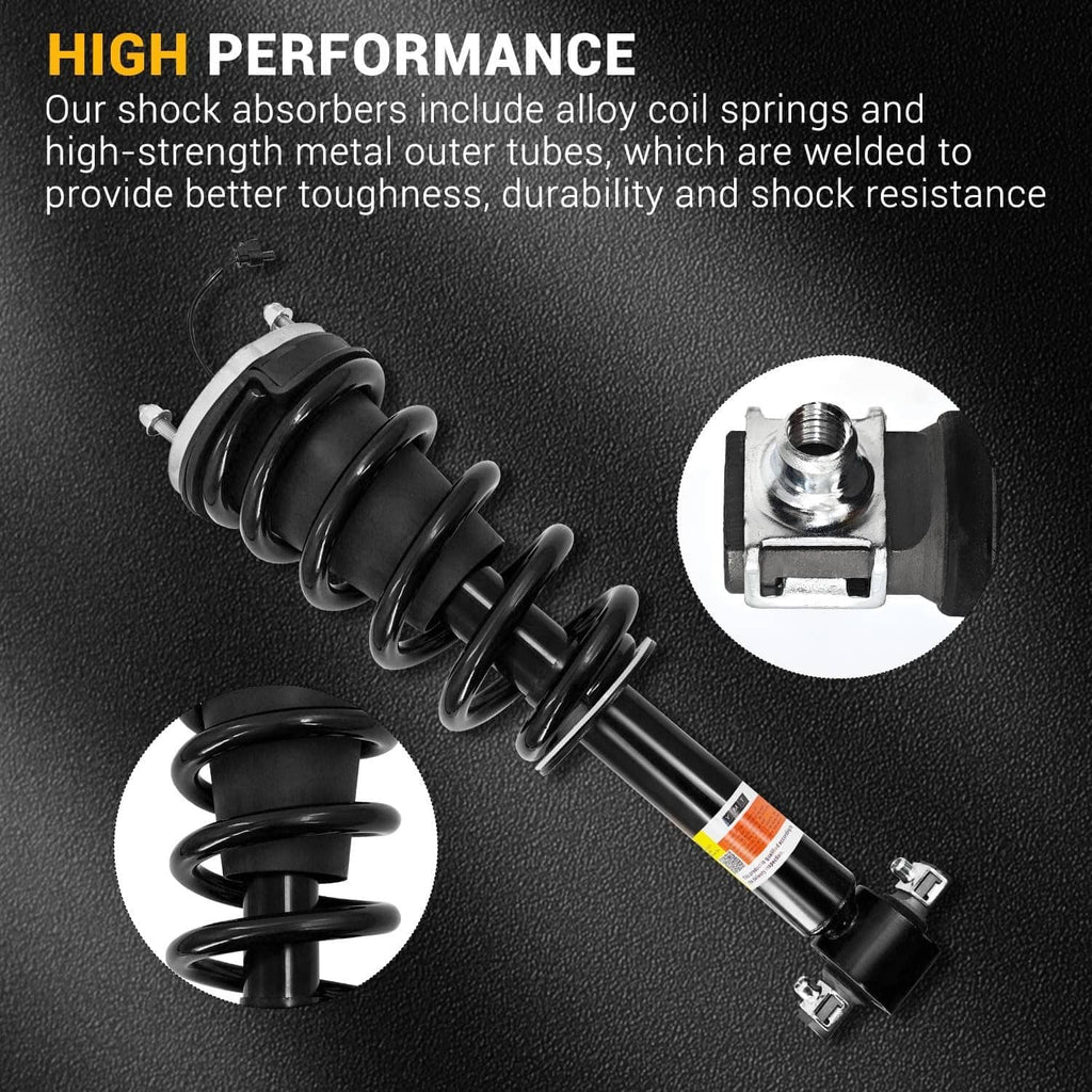 Two black shock absorber struts with coil springs and threaded top mount