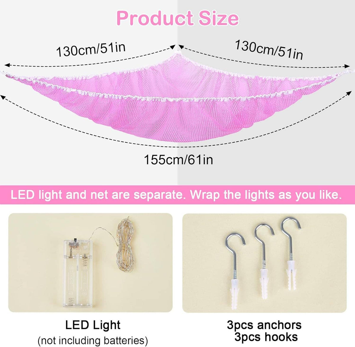 Plush animal hammock net with LED light and included hooks and anchors