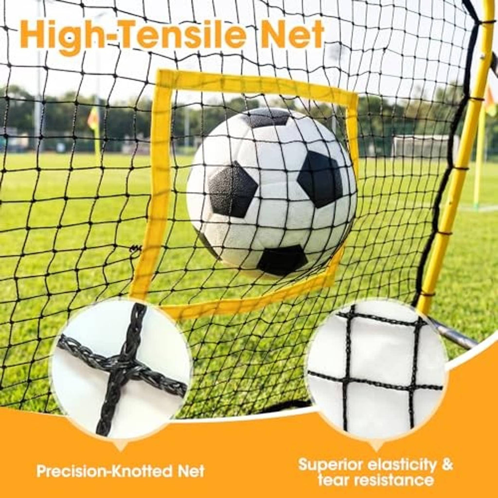 High-tension rebound net with yellow frame, showing a soccer ball in the net