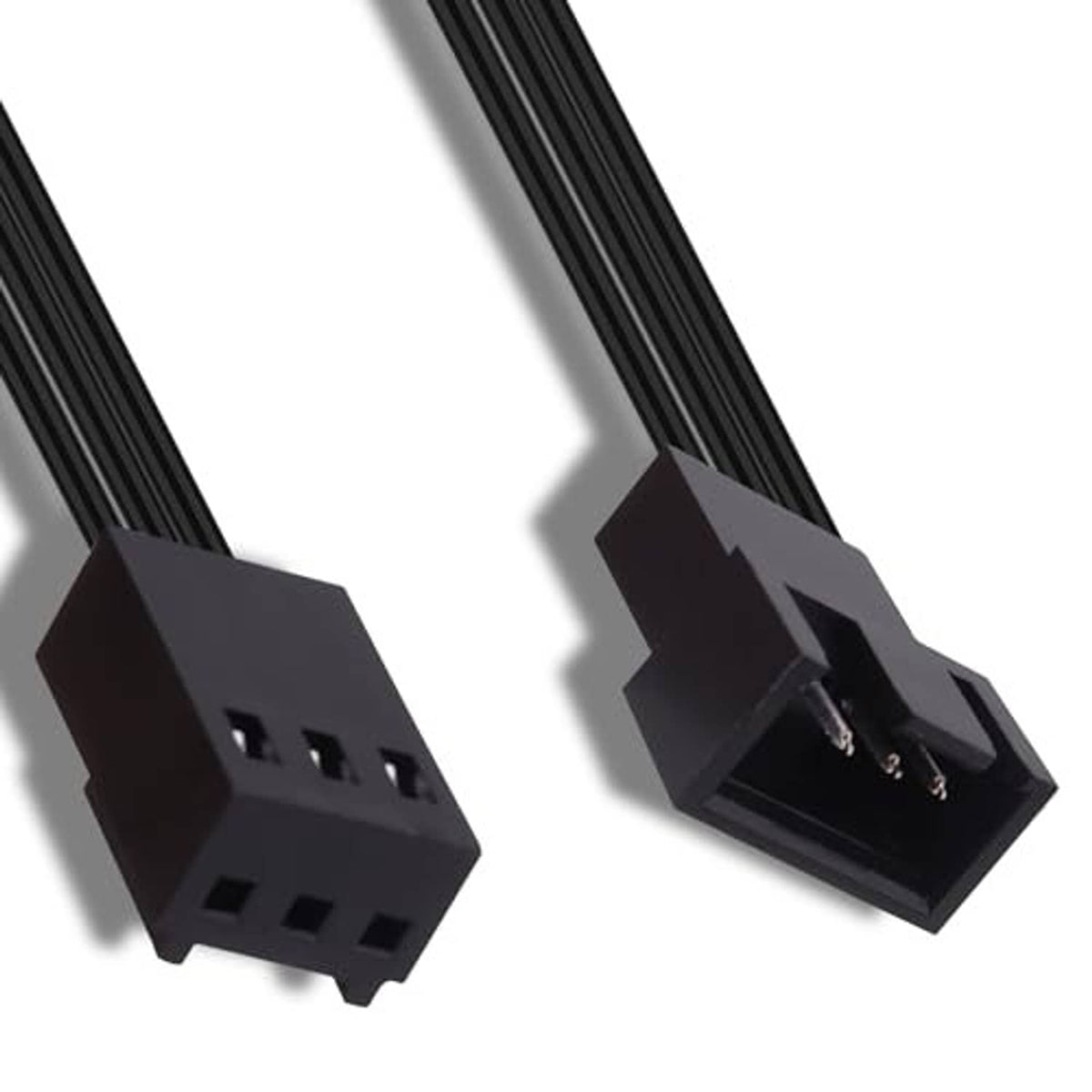 Close-up of black 3-pin and 4-pin fan adapter connectors on cable