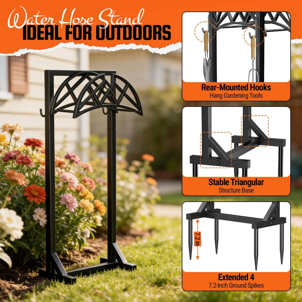 Garden hose holder with orange hose reel, green nozzle, and black ground-spike base.