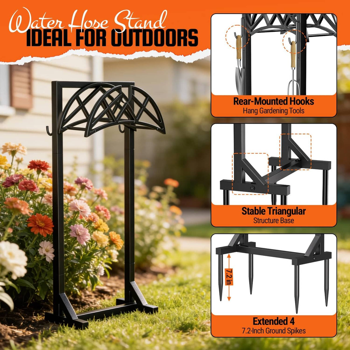 Garden hose holder with orange hose reel, green nozzle, and black ground-spike base.