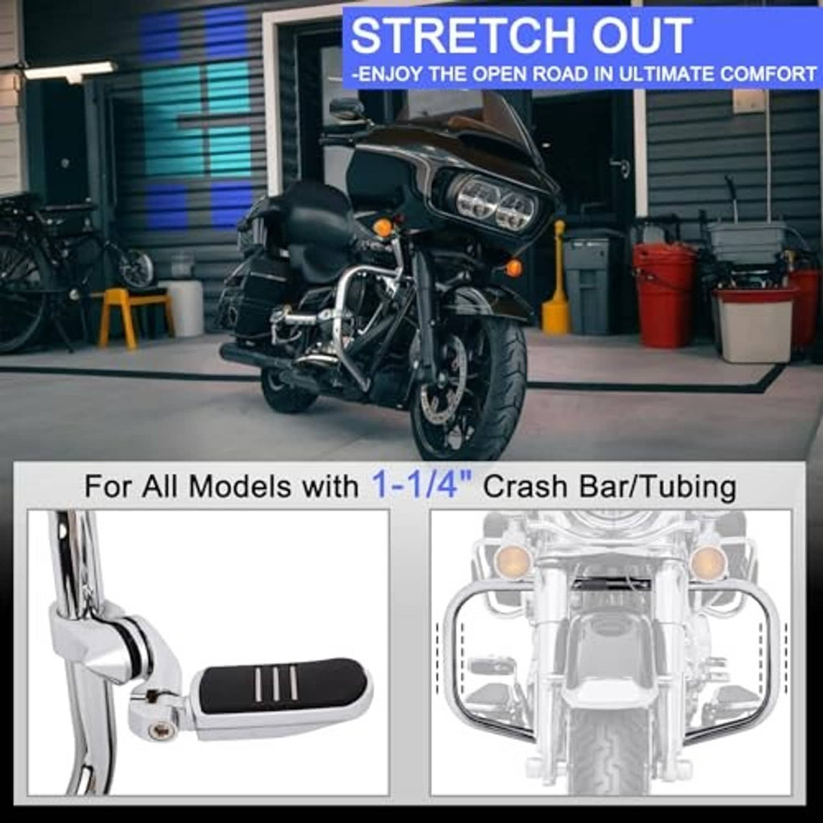 Chrome adjustable foot pegs with black rubber pads on a motorcycle, side view