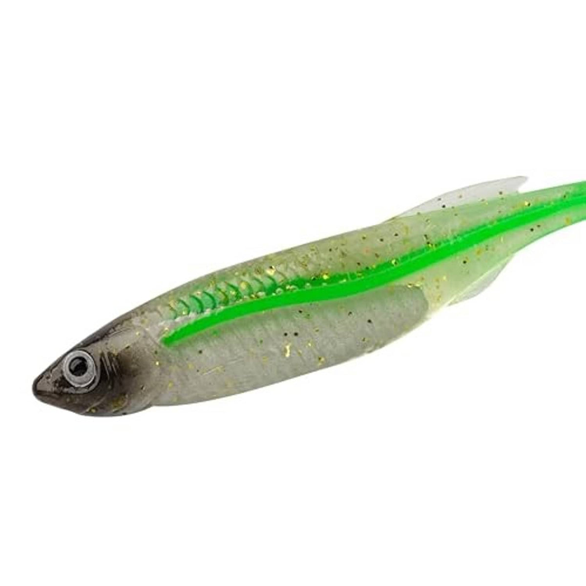 Green liner drip swimmer soft bait, speckled silver body with chartreuse stripe