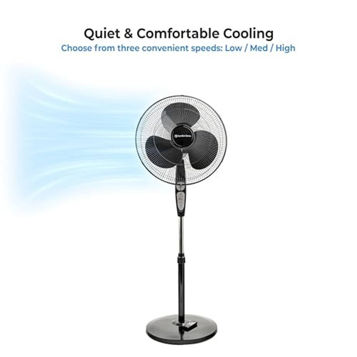 Pedestal fan with round mesh grille and slim stand pole