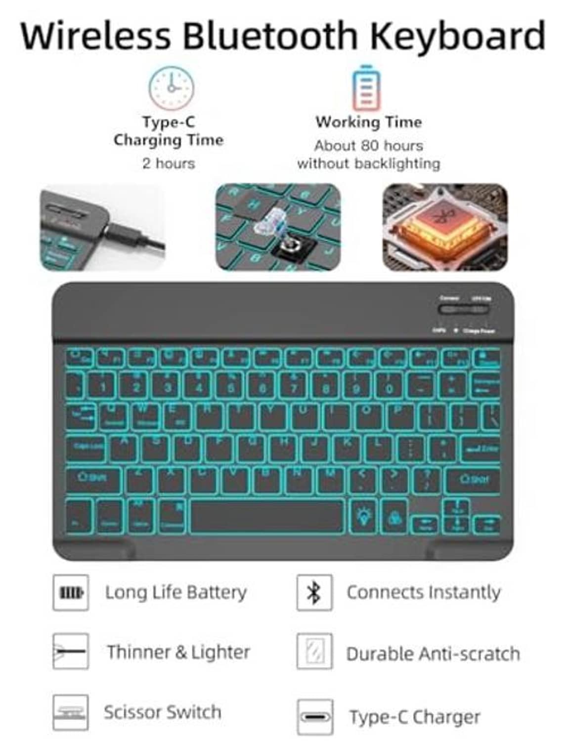 Wireless Bluetooth backlit keyboard with teal-blue keys and charging Type-C icon