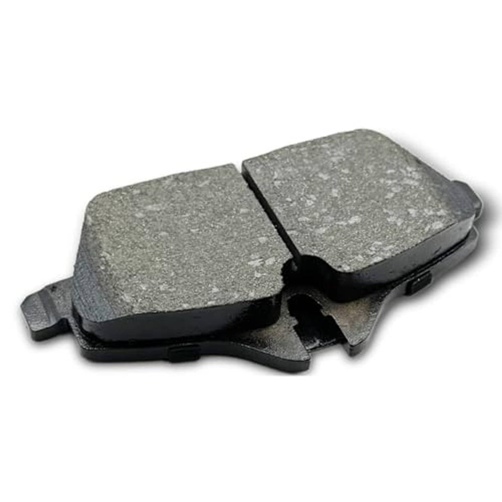 Front ceramic brake pad pair with grey friction material and black backing