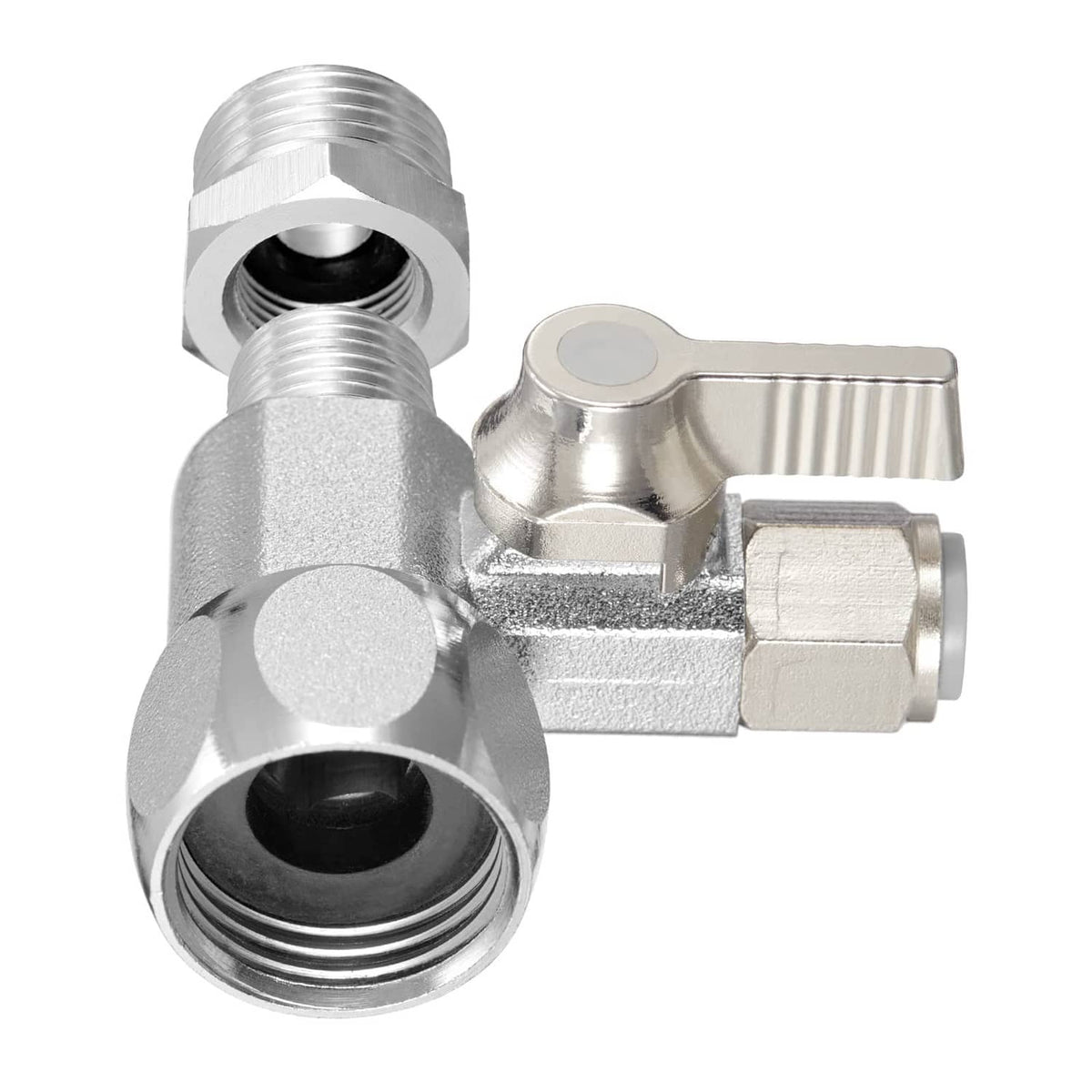 Silver brass water feed valve fitting with threaded connections and side outlet