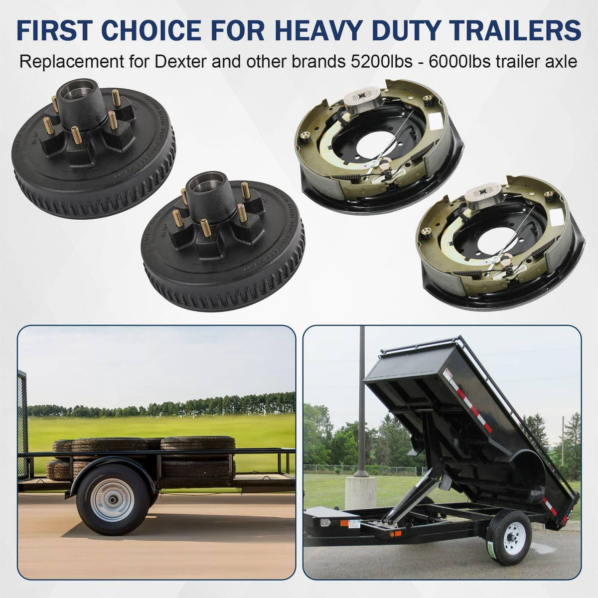 Brake drum kit set shown with multiple drum assemblies and heavy-duty trailer use