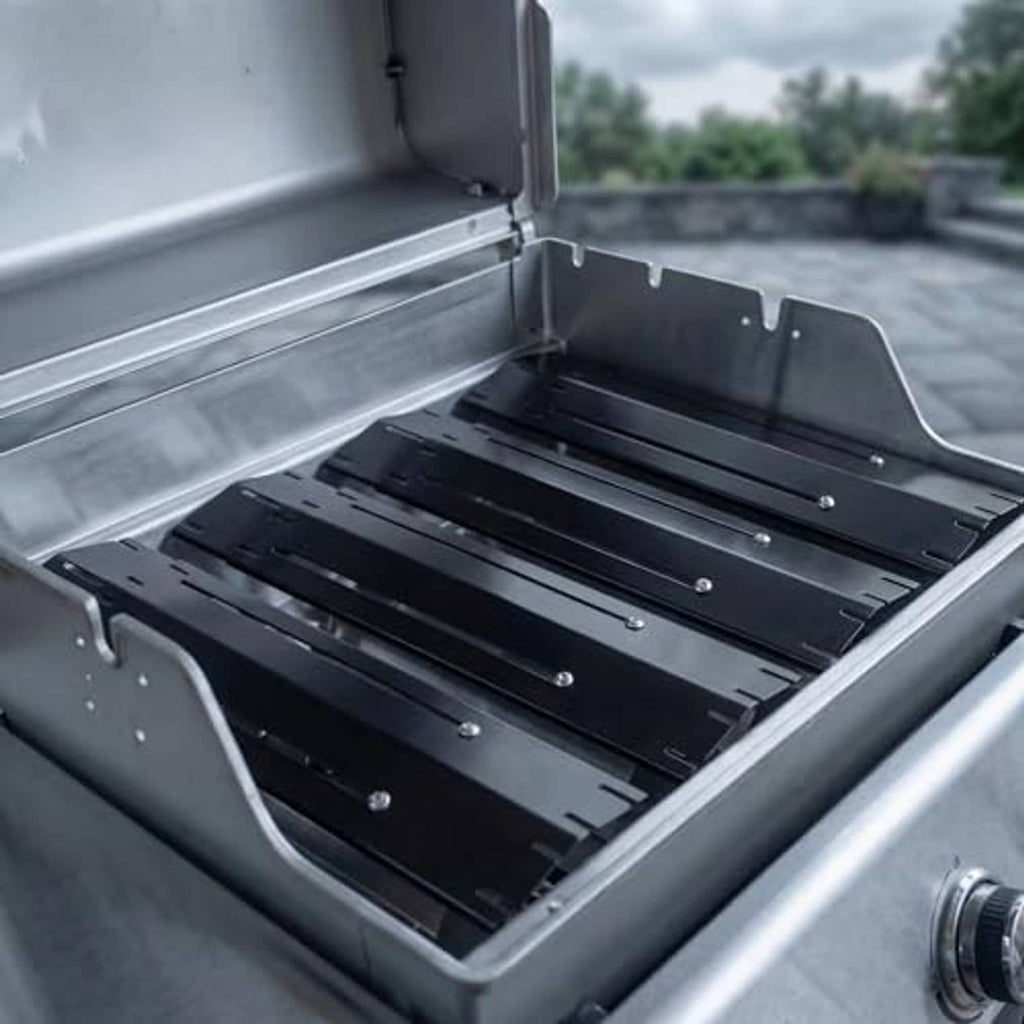 Universal grill heat shield plates installed inside grill box, dark steel with mounting points