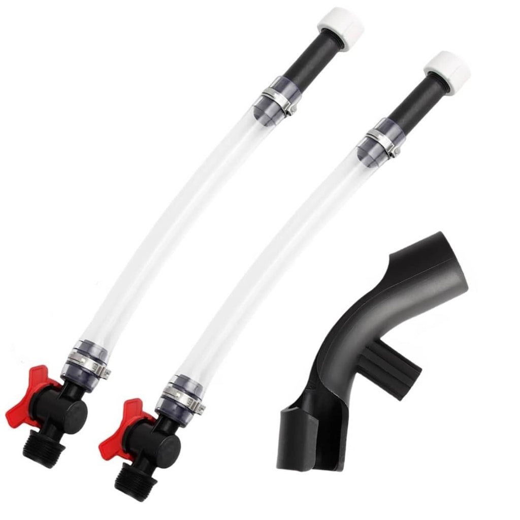 Racing fuel jug hose and pipe set with clear tube, black fittings, red valves, elbow.