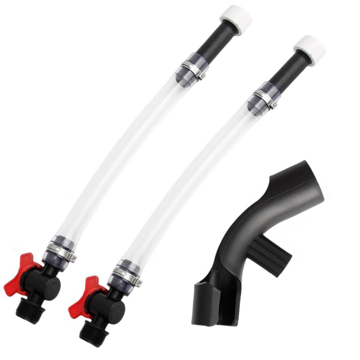 Racing fuel jug hose and pipe set with clear tube, black fittings, red valves, elbow.
