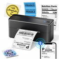 Black thermal shipping label printer with label feed and blue status light