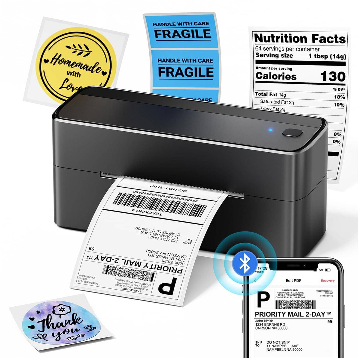 Black thermal shipping label printer with label feed and blue status light