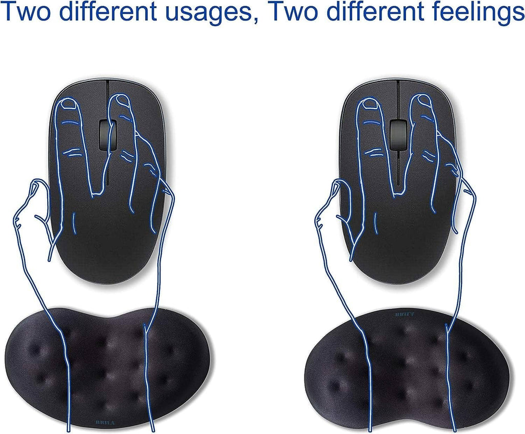 Mouse wrist rest pad under hands, dark oval cushion with massage dimples