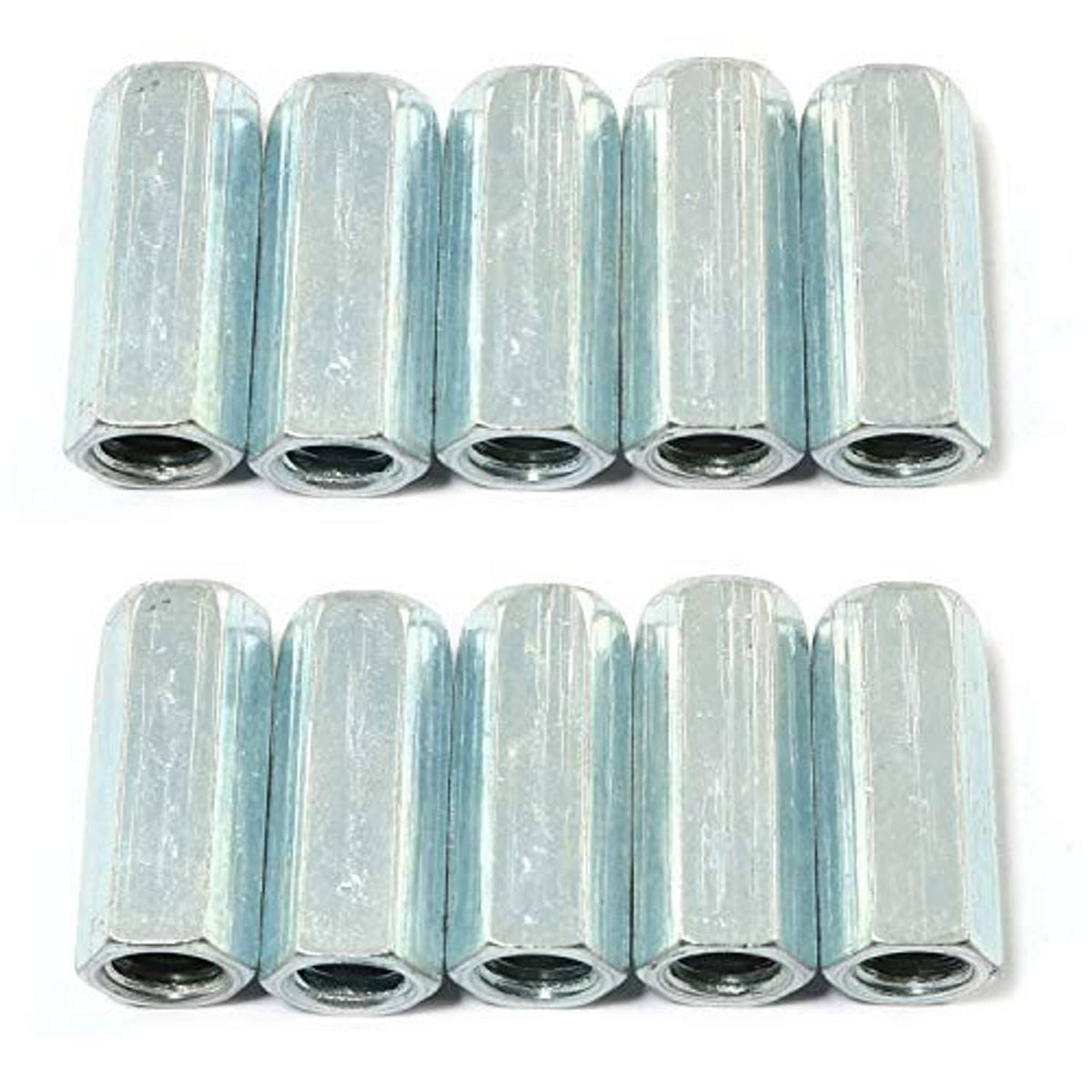 Pack of 10 M8 hex coupling nuts, silver, female-threaded straight rod sleeves