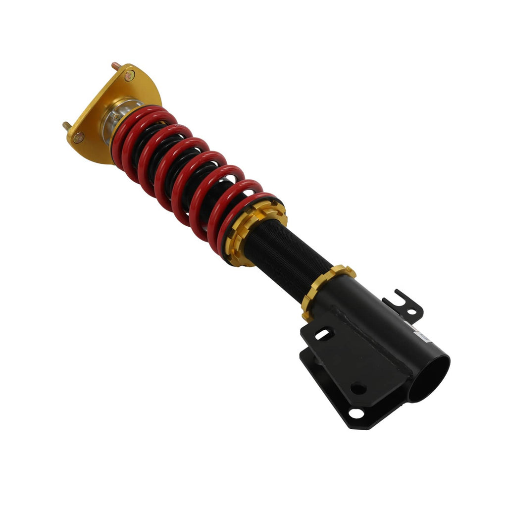 Coilover strut with red coil spring, gold top, and black mounting bracket