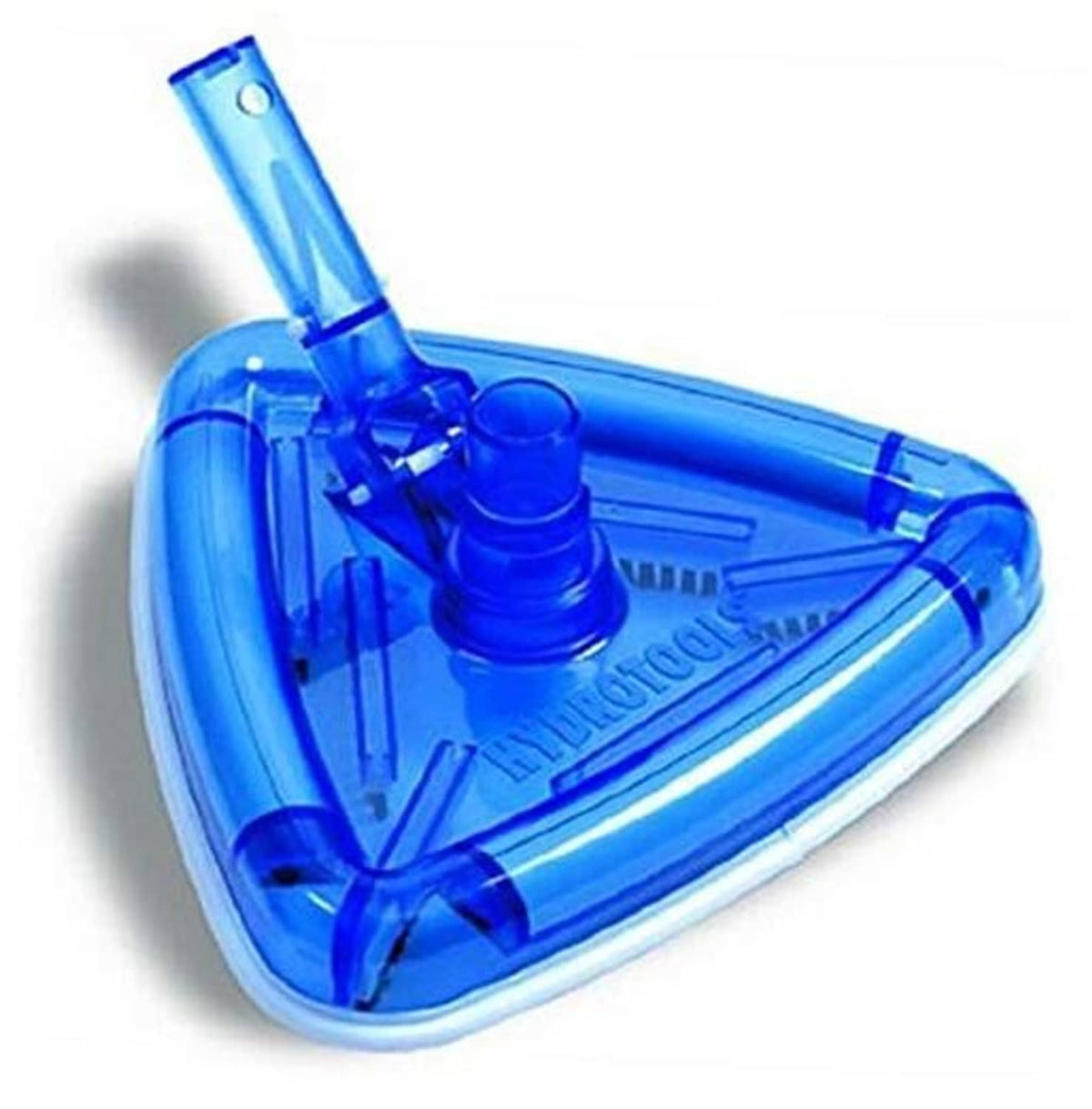 Blue clear pool vacuum head with weighted skirt and angled nozzle