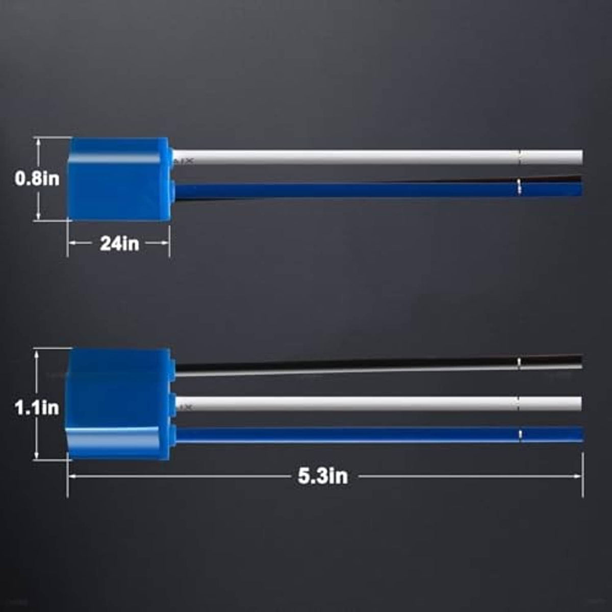 Measured headlight wiring harness with blue connector ends and two parallel wire leads