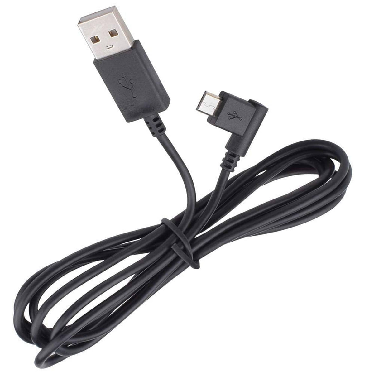 Coiled black USB charging and data sync cable with USB-A and small plug