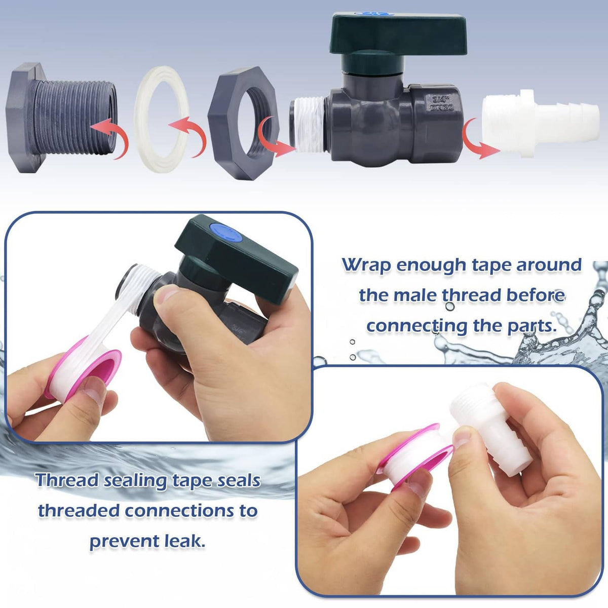PVC diverter kit parts with sealing tape and threaded coupling components