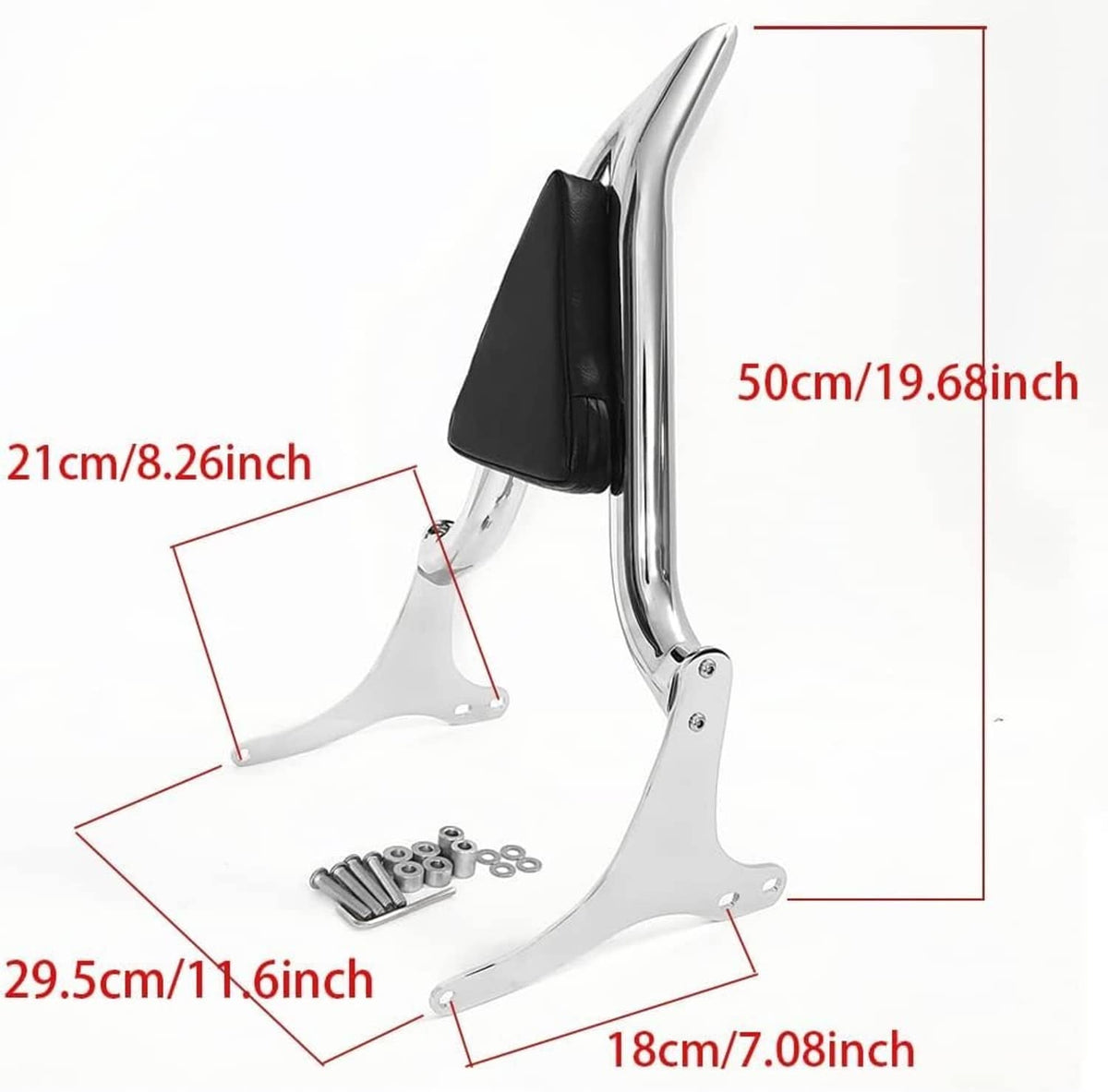 Chrome sissy bar backrest with black pad, mounting base, size measurement diagram