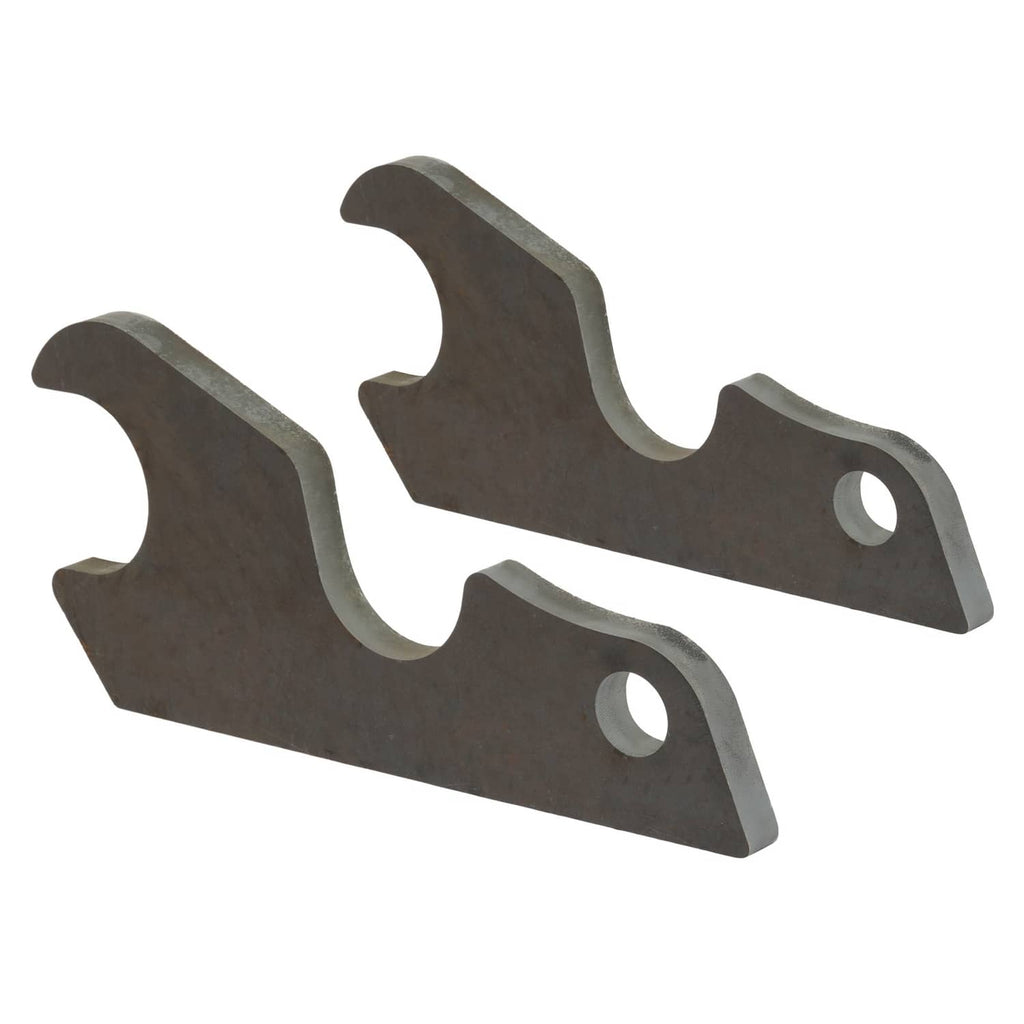 Two steel quick attach bracket pieces with curved supports and round mounting holes