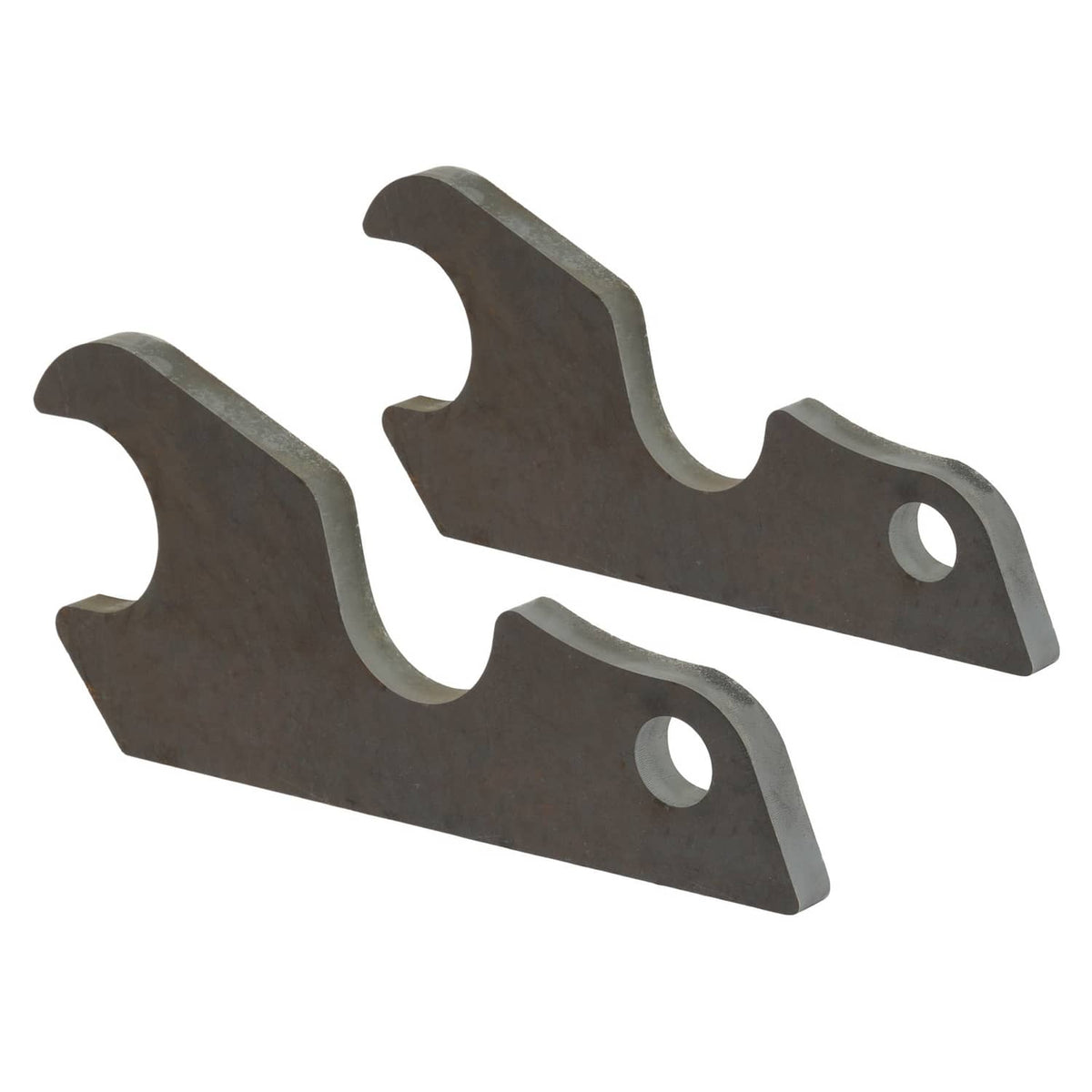 Two steel quick attach bracket pieces with curved supports and round mounting holes