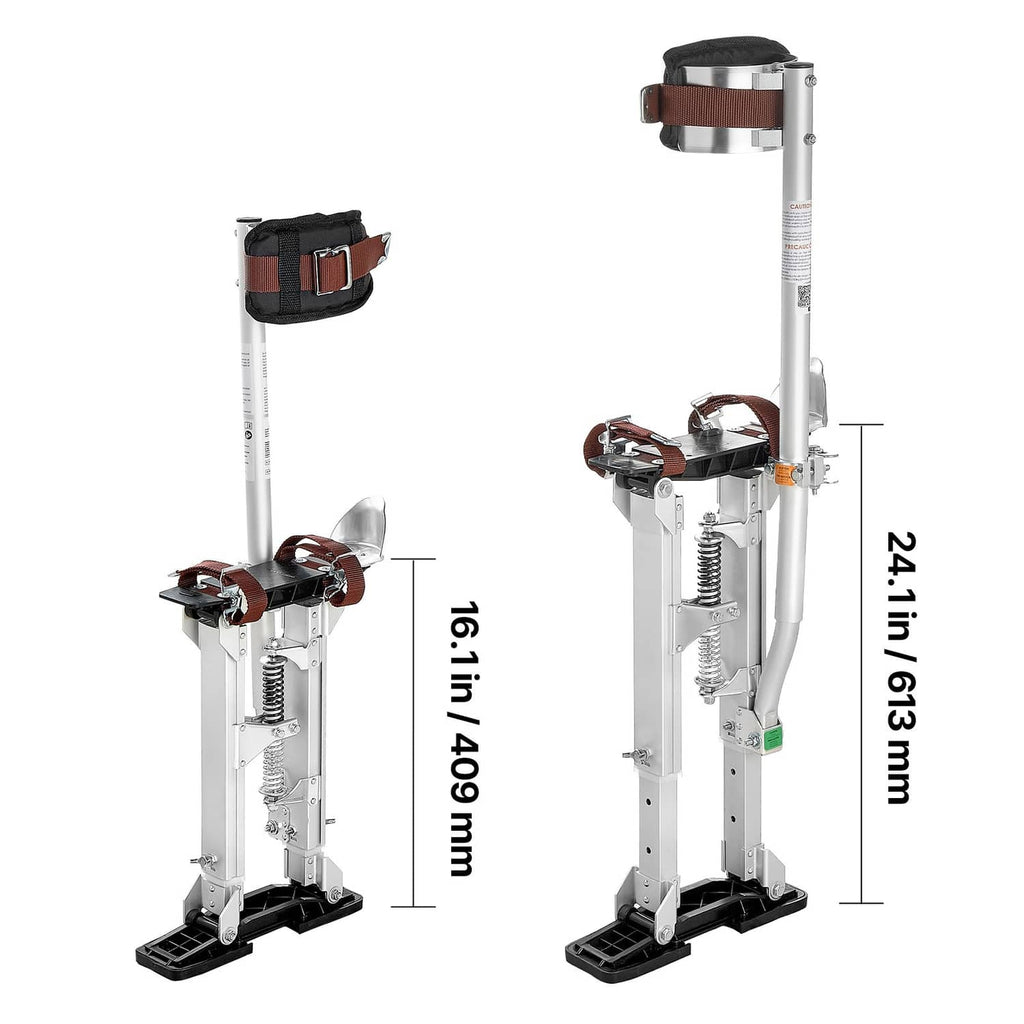 Pair of adjustable drywall stilts with brown straps, springs, and black non-slip feet