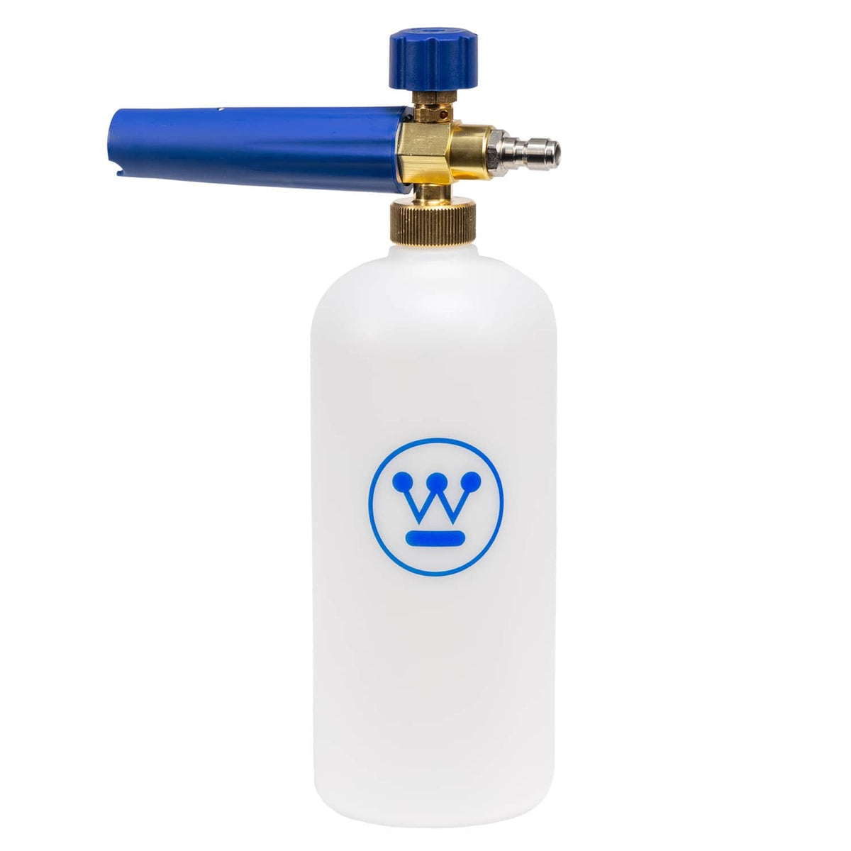 Blue foam cannon with brass valve and white bottle for pressure washers