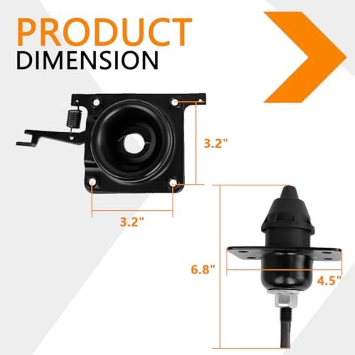 Black hood release latch dimension diagram with mounting bracket and threaded stud