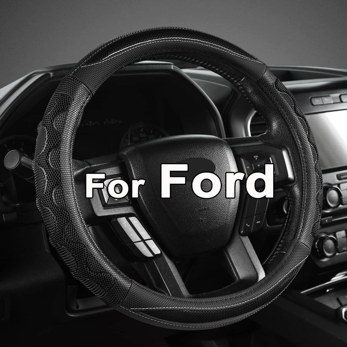 Black perforated steering wheel cover with stitched rim, fitted on a steering wheel