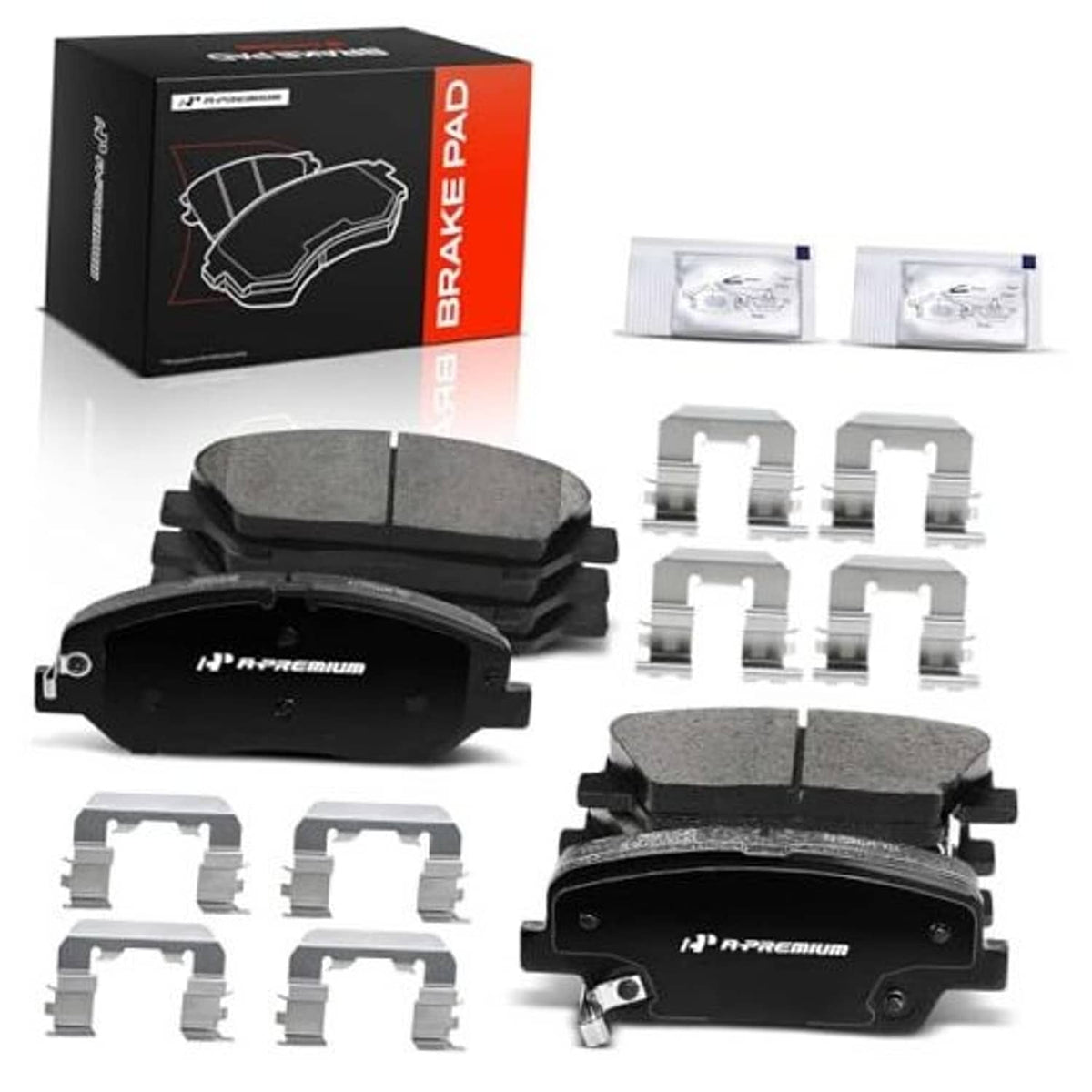 Front and rear ceramic brake pads set with metal hardware and pad clips