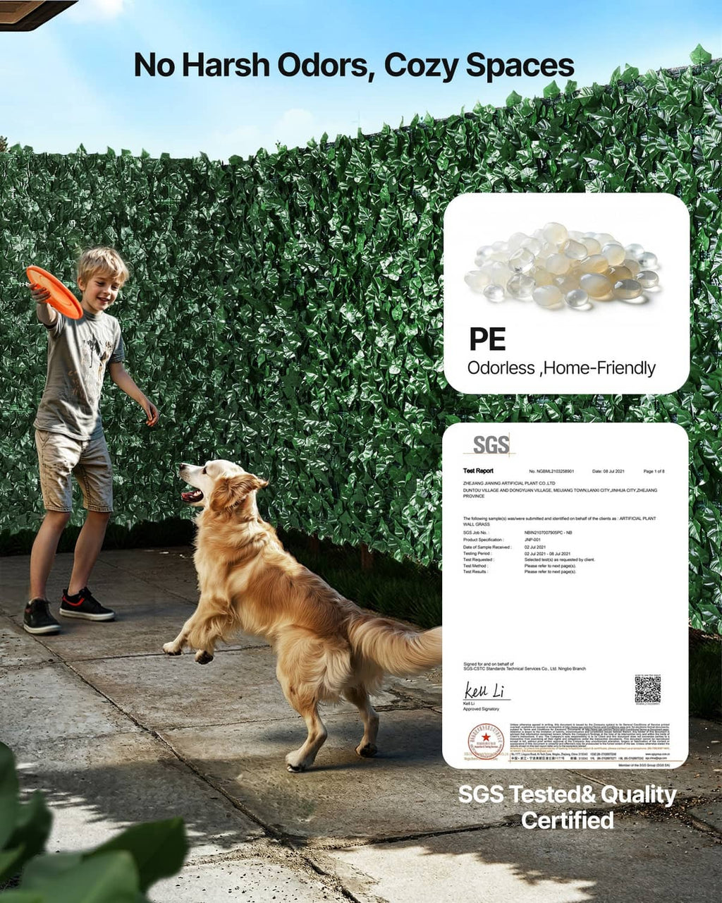 Green faux ivy fence screen for pet-friendly outdoor privacy, dense leaf wall