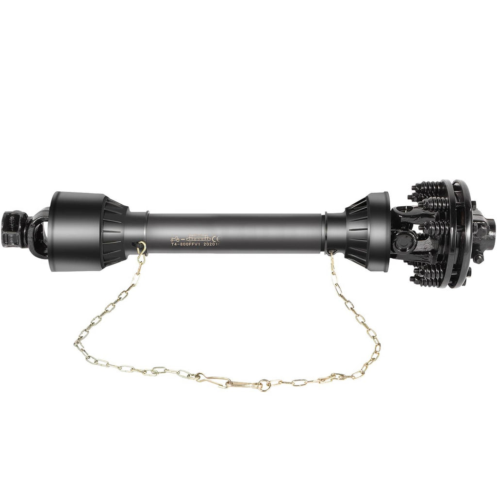 Black PTO drive shaft with chain safety and yoke end on the right
