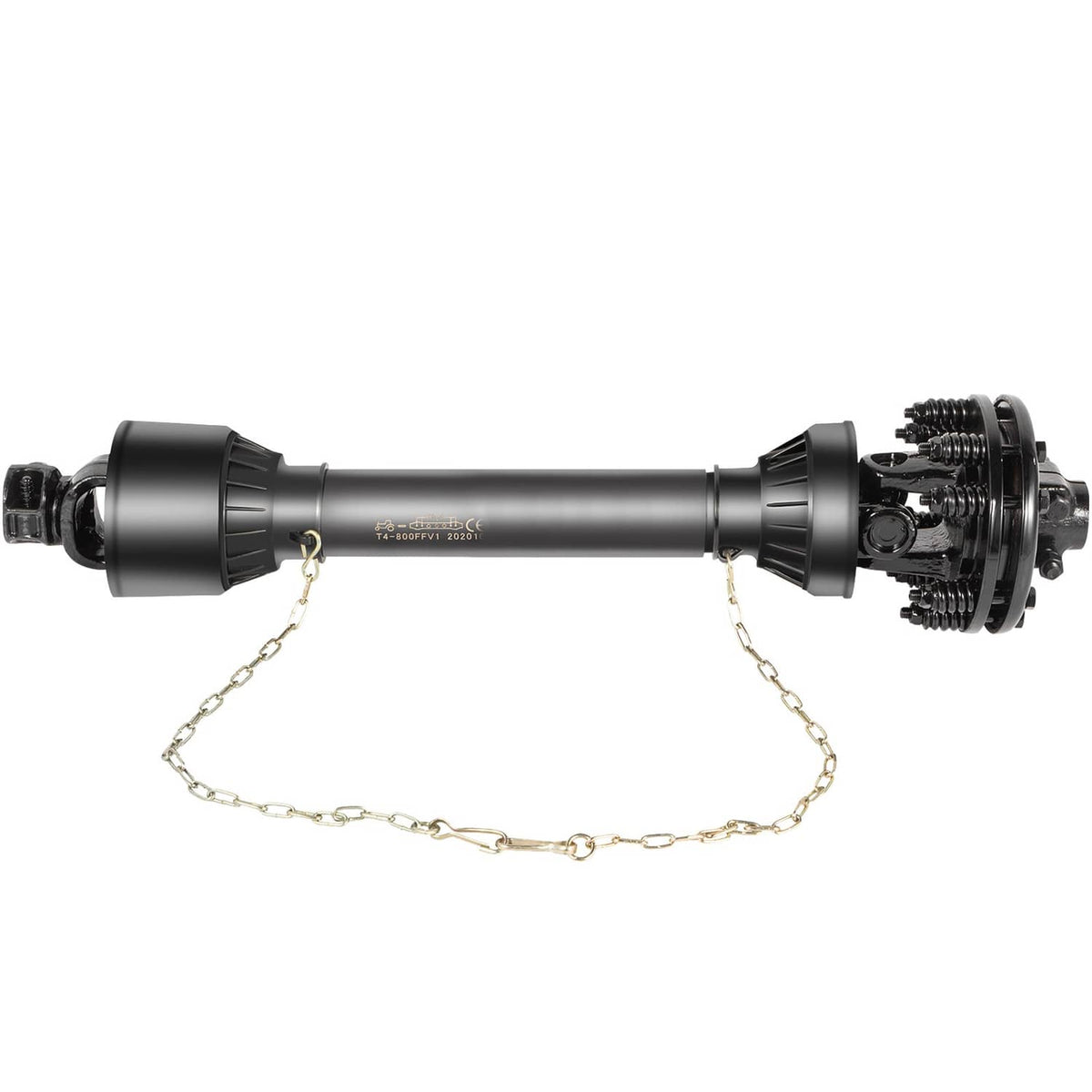Black PTO drive shaft with chain safety and yoke end on the right