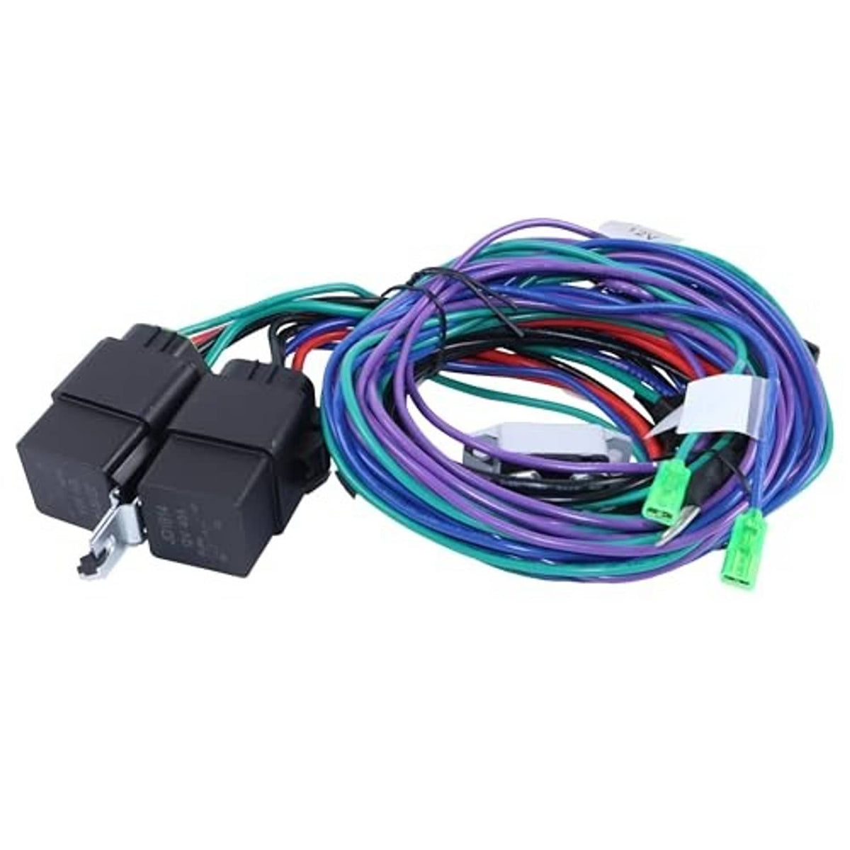 Wiring cable harness kit with multicolor wire bundle, black control modules, green connectors, white plug