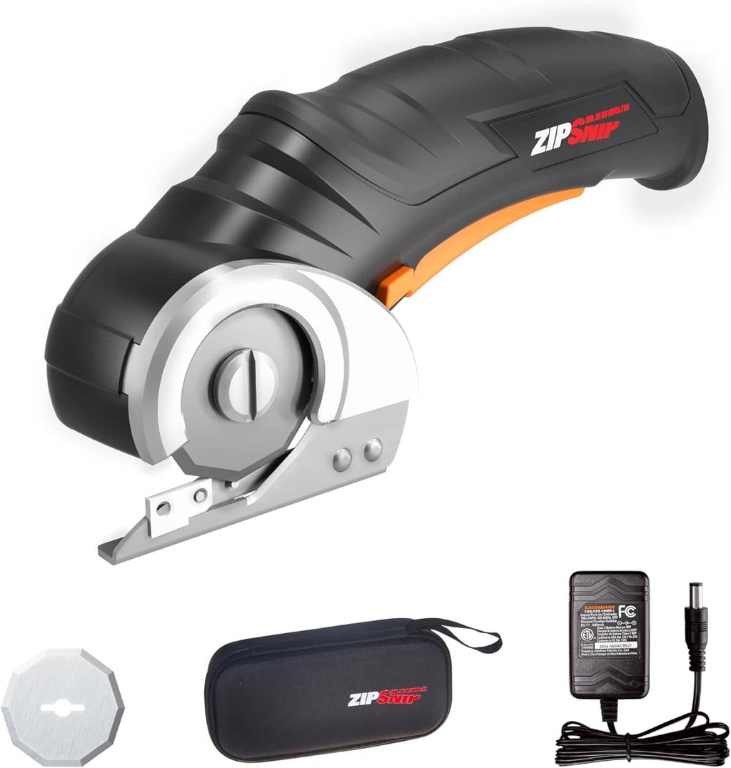 Black and orange cordless electric scissors with storage bag, charger, and extra blade