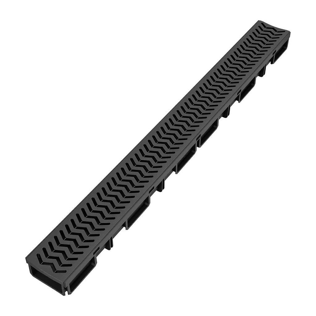 Linear drainage channel with ribbed grate top and end outlet, angled product view