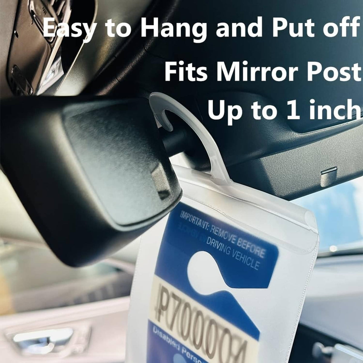 Clear frosted PVC placard holder with metal hook, blue disabled parking permit label