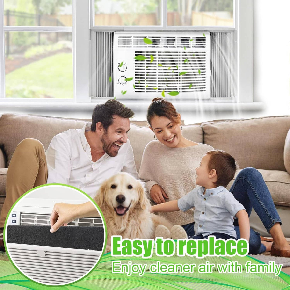 Black foam filter pad fitted in front of window air conditioner